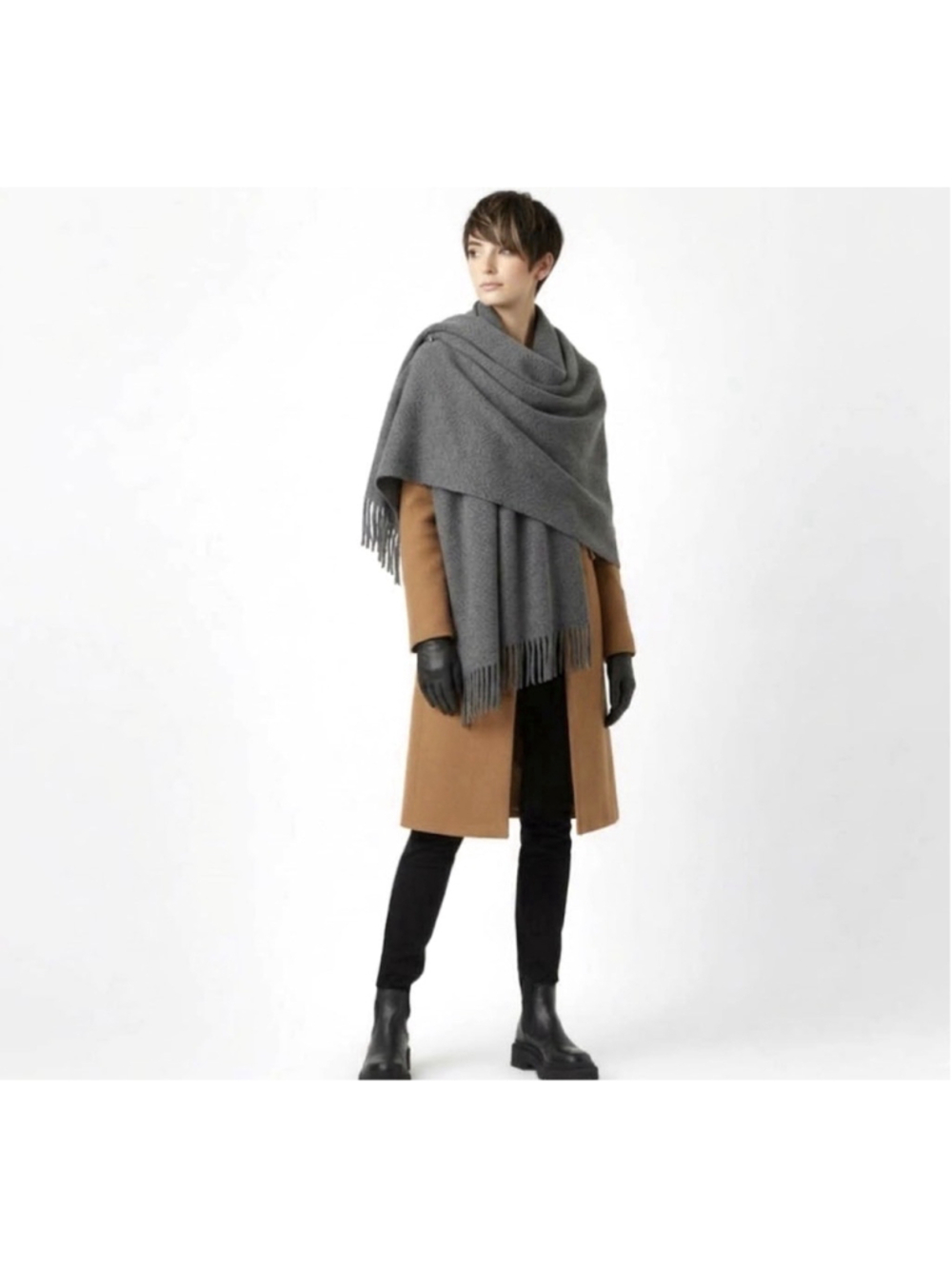 Vintage Holt Renfrew Charcoal Gray Wool Shawl Wrap Blanket Scarf w/ Fringe Italy - Picture 3 of 10